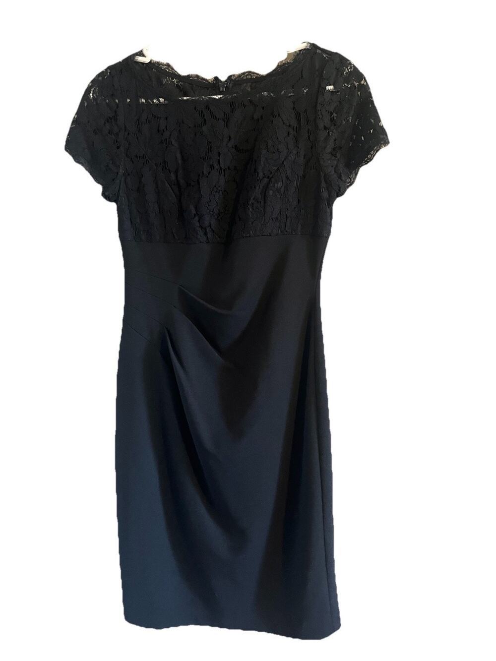 Adrianna Papell Black Lace Cocktail Dress Size 2 Sheath Ruched Waist Cap Sleeve